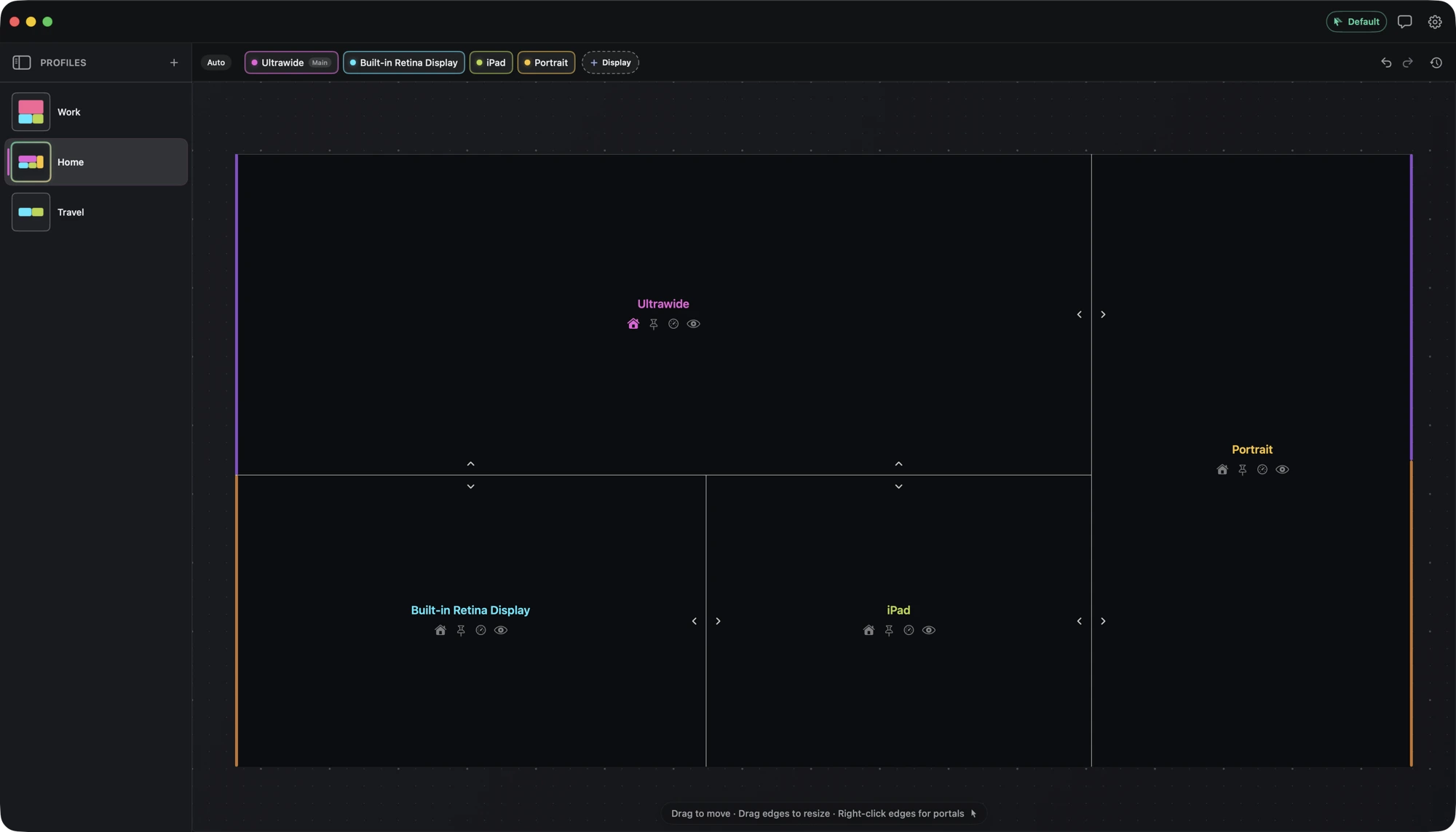 The Displace canvas showing a Home profile with Ultrawide, Portrait, Built-in Retina Display, and iPad displays arranged with portal links