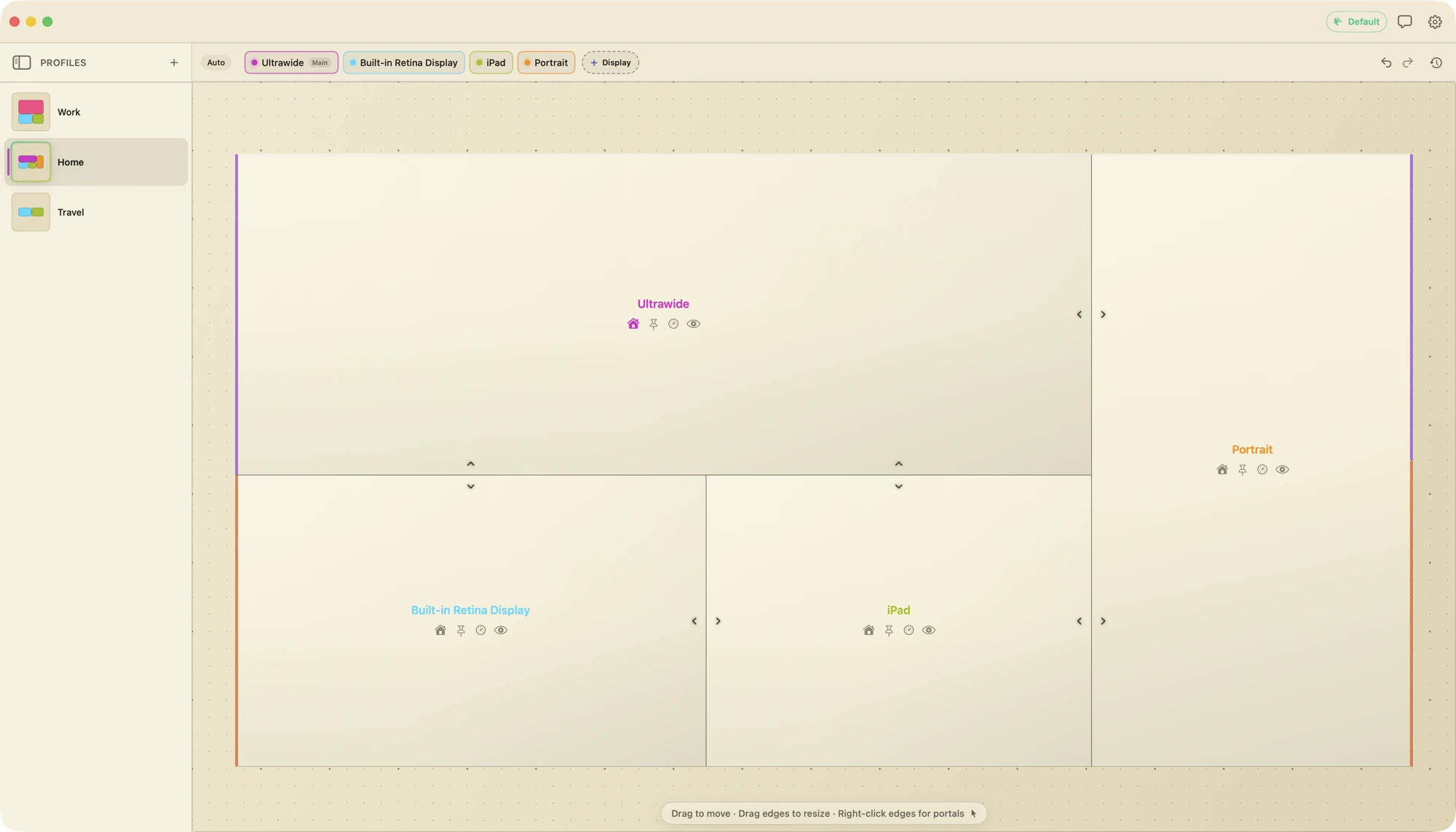 The Displace canvas showing a Home profile with Ultrawide, Portrait, Built-in Retina Display, and iPad displays arranged with portal links