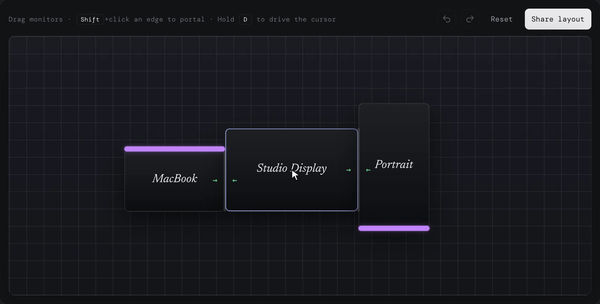The Displace playground showing the hint bar, controls, and a canvas with virtual monitors connected by portal handles.